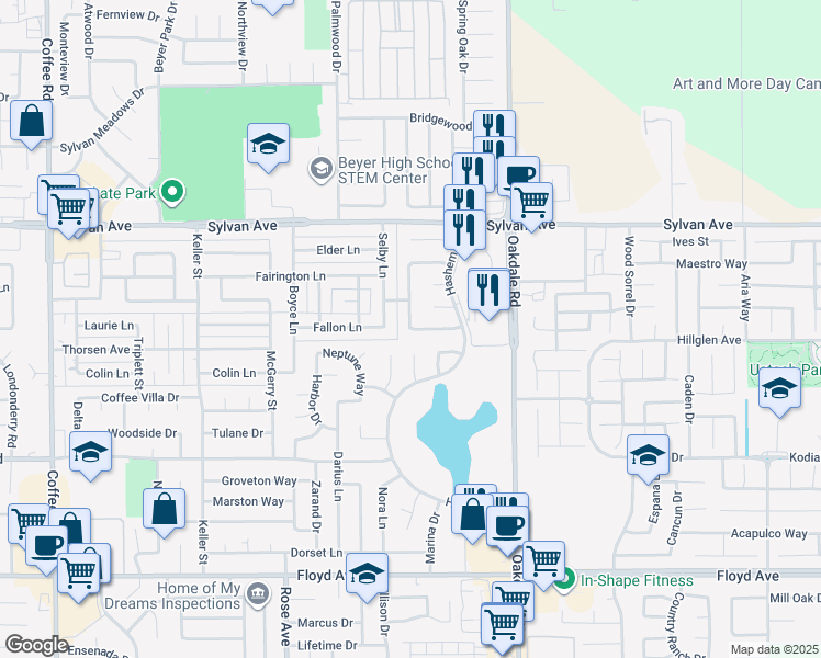 map of restaurants, bars, coffee shops, grocery stores, and more near 3308 Lakens Harbor in Modesto