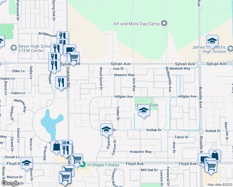 map of restaurants, bars, coffee shops, grocery stores, and more near 3313 Orchestra Place in Modesto