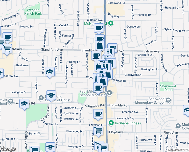 map of restaurants, bars, coffee shops, grocery stores, and more near 201 Woodrow Avenue in Modesto