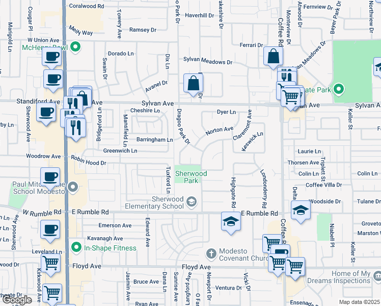 map of restaurants, bars, coffee shops, grocery stores, and more near 3413 Dragoo Park Drive in Modesto