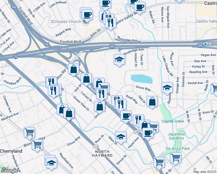 map of restaurants, bars, coffee shops, grocery stores, and more near 21391 Gary Drive in Hayward