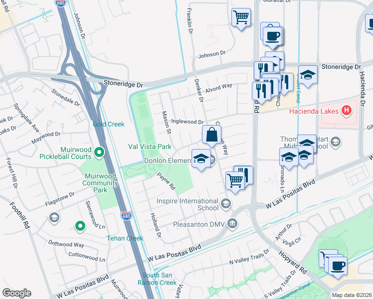 map of restaurants, bars, coffee shops, grocery stores, and more near 4406 Downing Court in Pleasanton