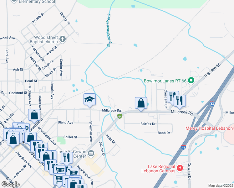 map of restaurants, bars, coffee shops, grocery stores, and more near 800 Millcreek Road in Lebanon