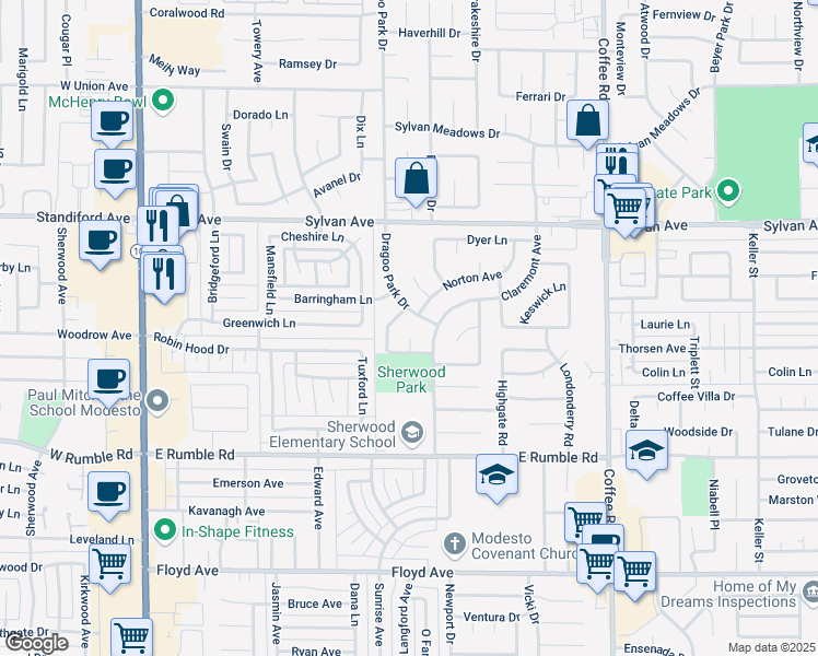 map of restaurants, bars, coffee shops, grocery stores, and more near 3413 Dragoo Park Drive in Modesto