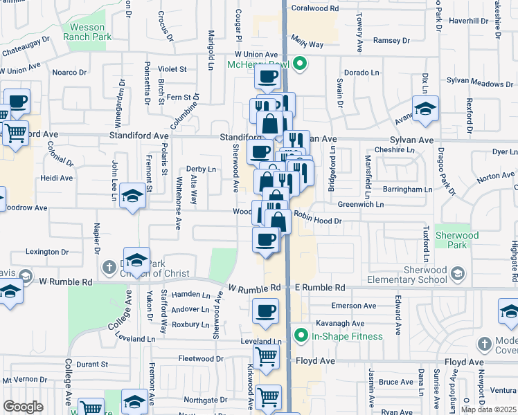 map of restaurants, bars, coffee shops, grocery stores, and more near 201 Woodrow Avenue in Modesto