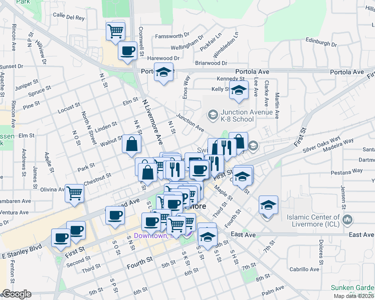 map of restaurants, bars, coffee shops, grocery stores, and more near 2300 Chestnut Street in Livermore