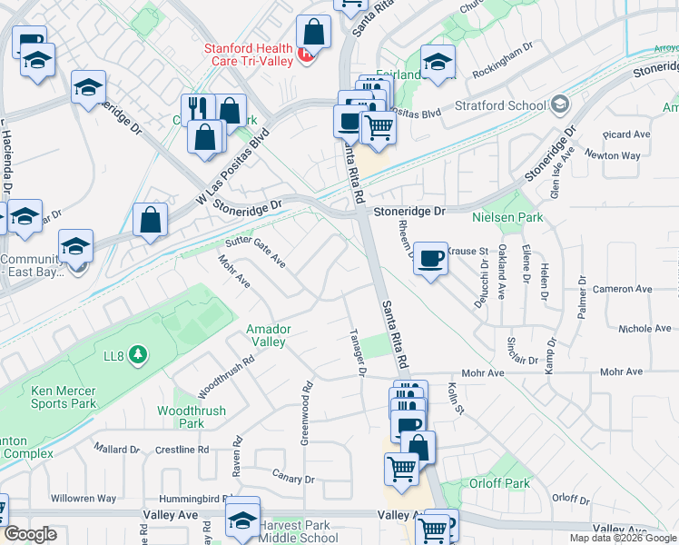 map of restaurants, bars, coffee shops, grocery stores, and more near 2642 Laramie Gate Circle in Pleasanton