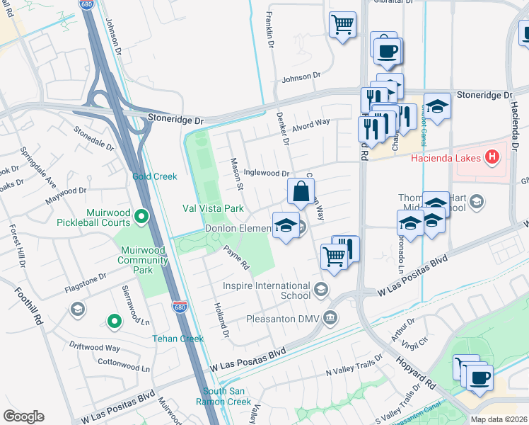 map of restaurants, bars, coffee shops, grocery stores, and more near 4406 Downing Court in Pleasanton