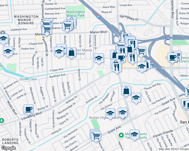 map of restaurants, bars, coffee shops, grocery stores, and more near 907 Burkhart Avenue in San Leandro