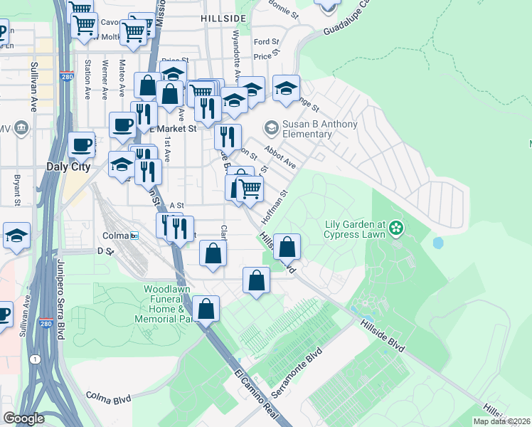 map of restaurants, bars, coffee shops, grocery stores, and more near 672 Villa Street in Daly City