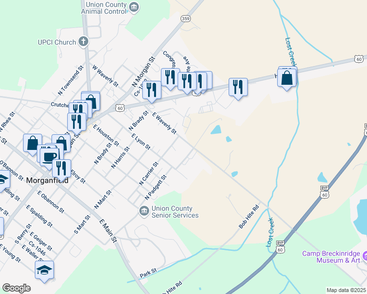 map of restaurants, bars, coffee shops, grocery stores, and more near 618 East Waverly Street in Morganfield