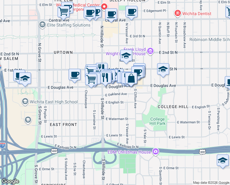 map of restaurants, bars, coffee shops, grocery stores, and more near 3219 East Douglas Avenue in Wichita