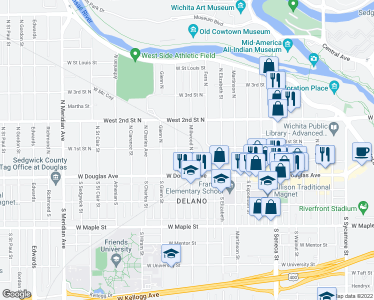 map of restaurants, bars, coffee shops, grocery stores, and more near 203 Millwood North in Wichita