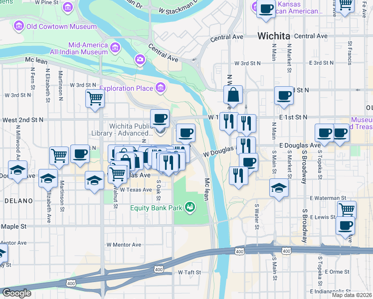 map of restaurants, bars, coffee shops, grocery stores, and more near 200 McLean Boulevard in Wichita