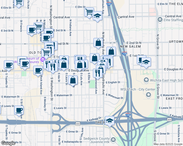 map of restaurants, bars, coffee shops, grocery stores, and more near 1425 East Douglas Avenue in Wichita