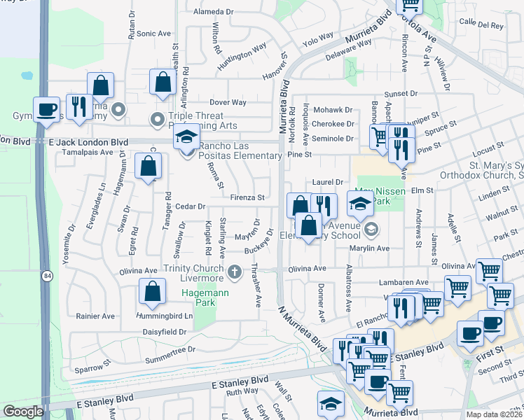 map of restaurants, bars, coffee shops, grocery stores, and more near 693 Mayten Drive in Livermore