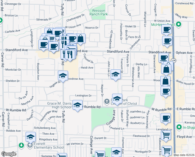 map of restaurants, bars, coffee shops, grocery stores, and more near 921 Woodrow Ave in Modesto