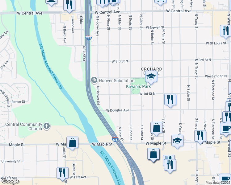 map of restaurants, bars, coffee shops, grocery stores, and more near 5314 West 1st Street North in Wichita