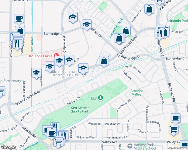 map of restaurants, bars, coffee shops, grocery stores, and more near 5786 Belleza Drive in Pleasanton