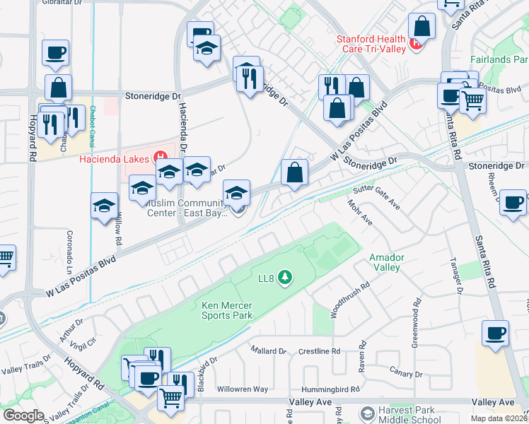 map of restaurants, bars, coffee shops, grocery stores, and more near 5788 Belleza Drive in Pleasanton
