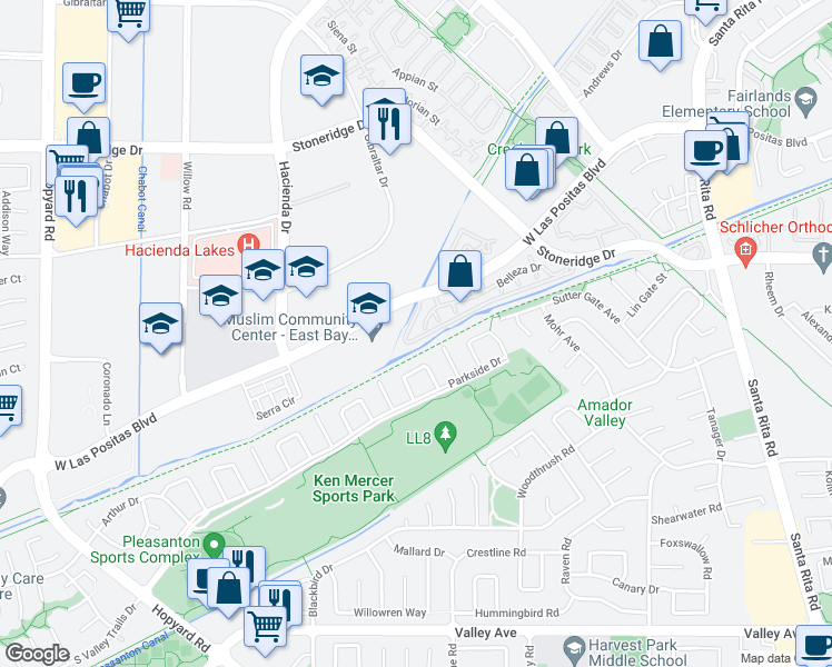 map of restaurants, bars, coffee shops, grocery stores, and more near 5786 Belleza Drive in Pleasanton