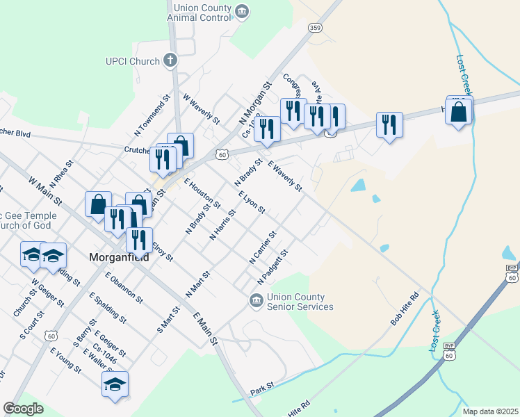 map of restaurants, bars, coffee shops, grocery stores, and more near East Lyon Street in Morganfield