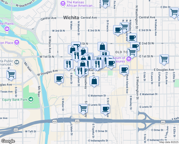map of restaurants, bars, coffee shops, grocery stores, and more near 311 East Douglas Avenue in Wichita