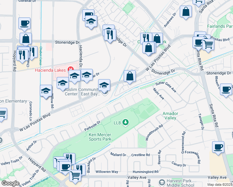 map of restaurants, bars, coffee shops, grocery stores, and more near 5788 Belleza Drive in Pleasanton