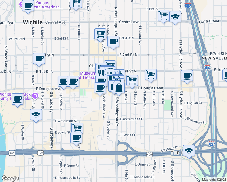 map of restaurants, bars, coffee shops, grocery stores, and more near 851-881 E Douglas Ave in Wichita