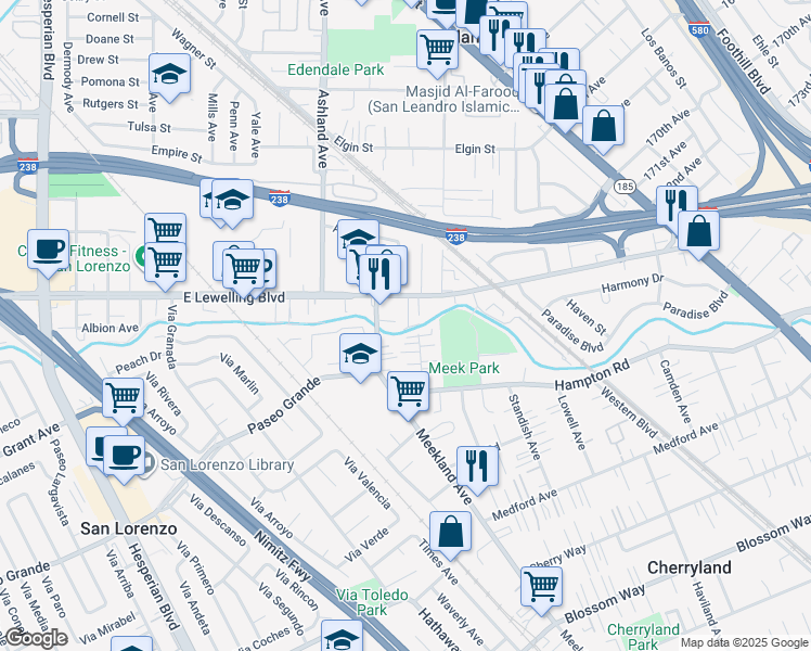 map of restaurants, bars, coffee shops, grocery stores, and more near 427 East Lewelling Boulevard in San Lorenzo