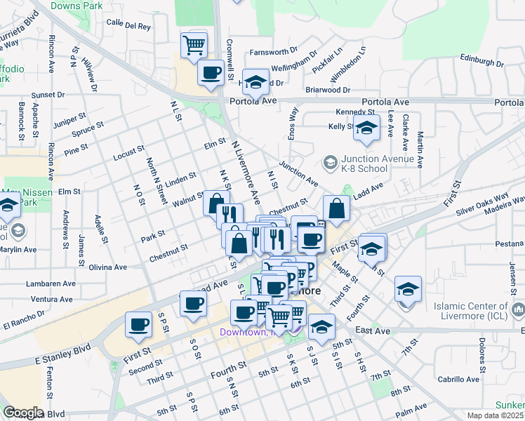 map of restaurants, bars, coffee shops, grocery stores, and more near 32-2 North Livermore Avenue in Livermore
