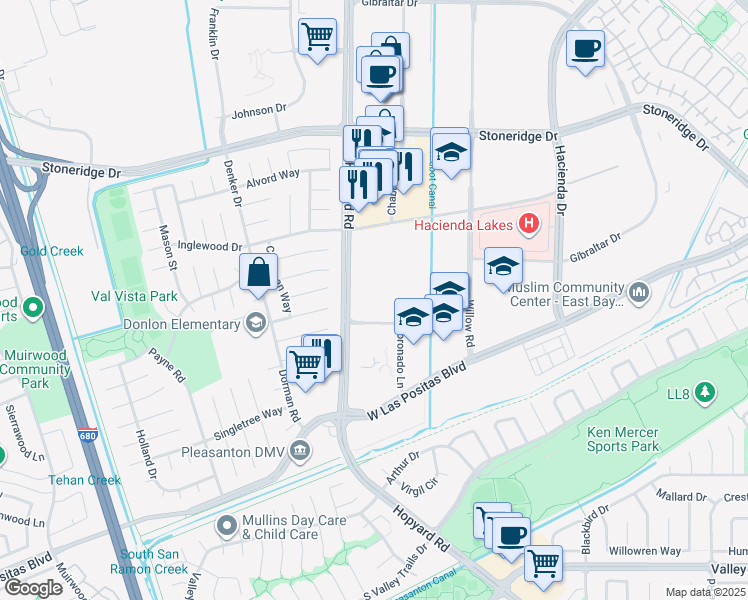 map of restaurants, bars, coffee shops, grocery stores, and more near 4125 Hopyard Road in Pleasanton