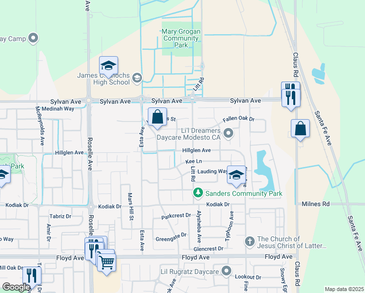 map of restaurants, bars, coffee shops, grocery stores, and more near 3405 Hillglen Avenue in Modesto