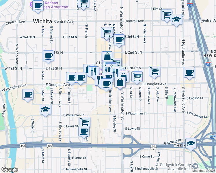 map of restaurants, bars, coffee shops, grocery stores, and more near 701 East Douglas Avenue in Wichita