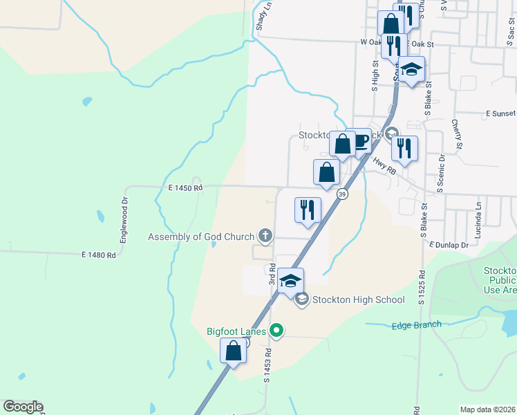 map of restaurants, bars, coffee shops, grocery stores, and more near Englewood Drive in Stockton