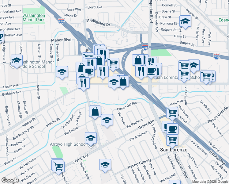 map of restaurants, bars, coffee shops, grocery stores, and more near 544 Lewelling Boulevard in San Leandro
