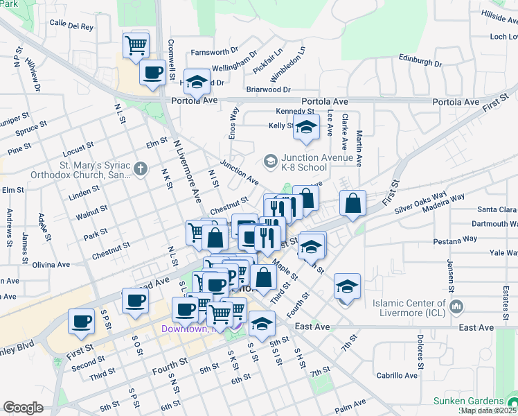 map of restaurants, bars, coffee shops, grocery stores, and more near 2463 Chestnut Street in Livermore