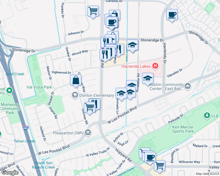 map of restaurants, bars, coffee shops, grocery stores, and more near 4125 Hopyard Rd in Pleasanton