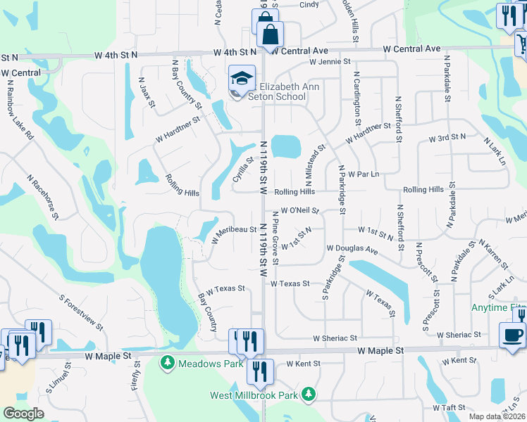 map of restaurants, bars, coffee shops, grocery stores, and more near 234 North 119th Street West in Wichita