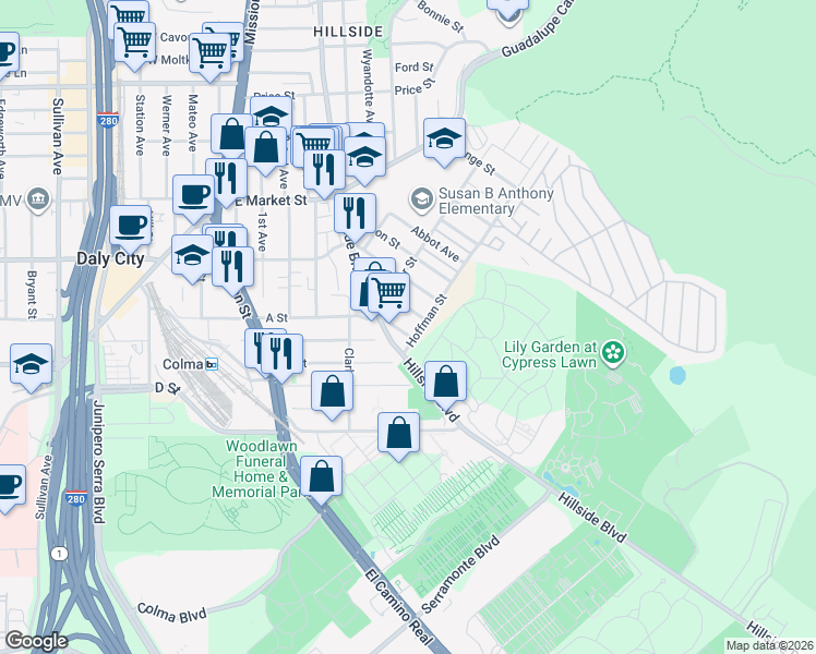 map of restaurants, bars, coffee shops, grocery stores, and more near 672 Villa Street in Daly City