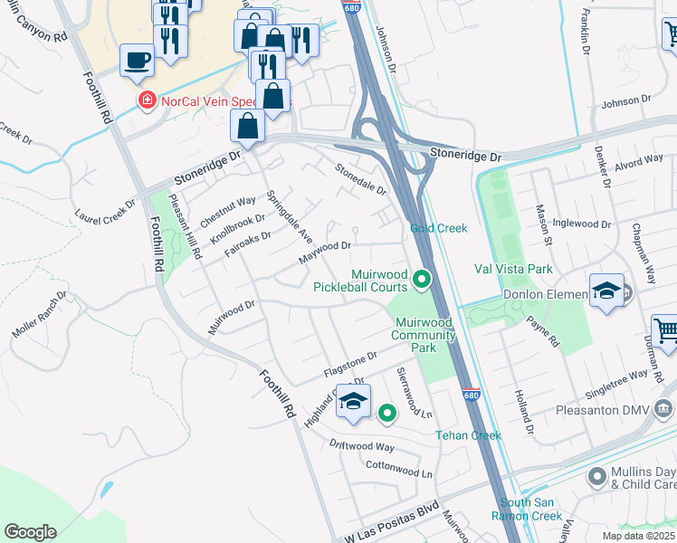 map of restaurants, bars, coffee shops, grocery stores, and more near 5145 Springdale Avenue in Pleasanton