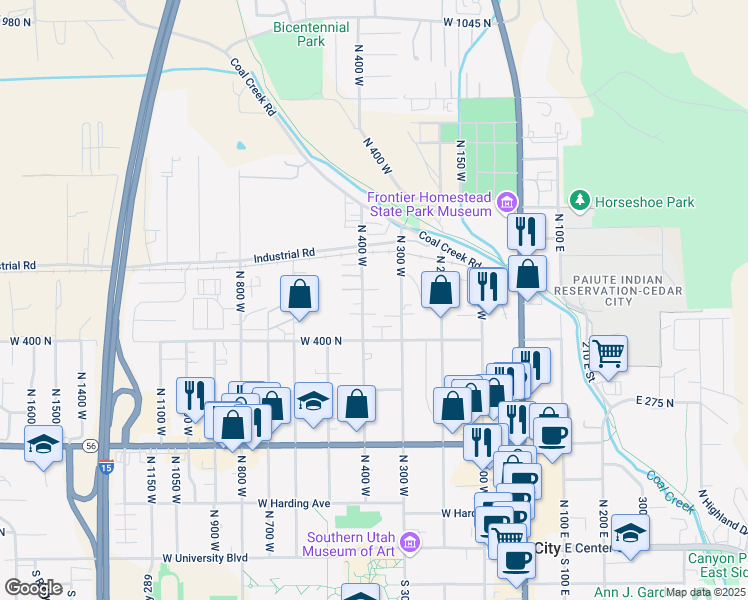 map of restaurants, bars, coffee shops, grocery stores, and more near 496 North 400 West in Cedar City