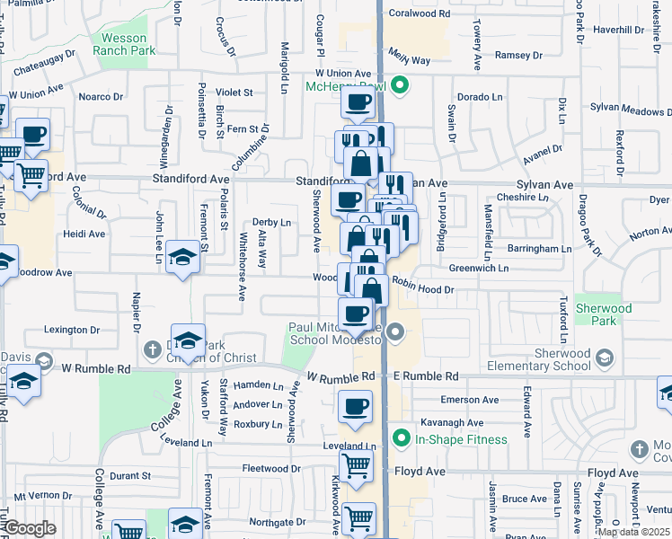 map of restaurants, bars, coffee shops, grocery stores, and more near 201 Woodrow Avenue in Modesto