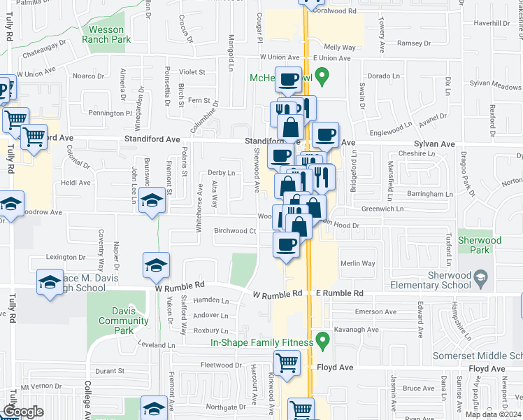 map of restaurants, bars, coffee shops, grocery stores, and more near 3305 Sherwood Avenue in Modesto