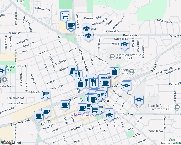 map of restaurants, bars, coffee shops, grocery stores, and more near 352 North Livermore Avenue in Livermore