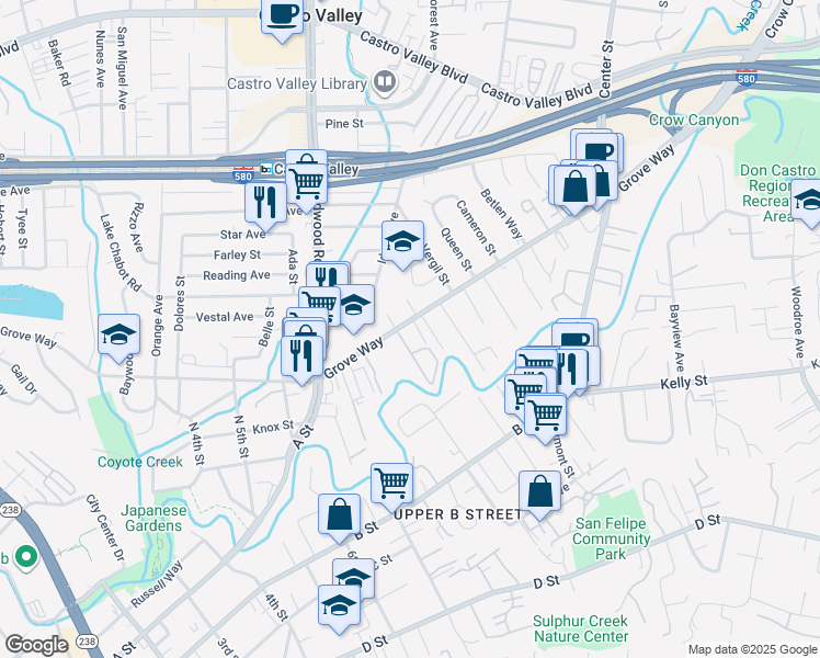 map of restaurants, bars, coffee shops, grocery stores, and more near 2525 Grove Way in Hayward