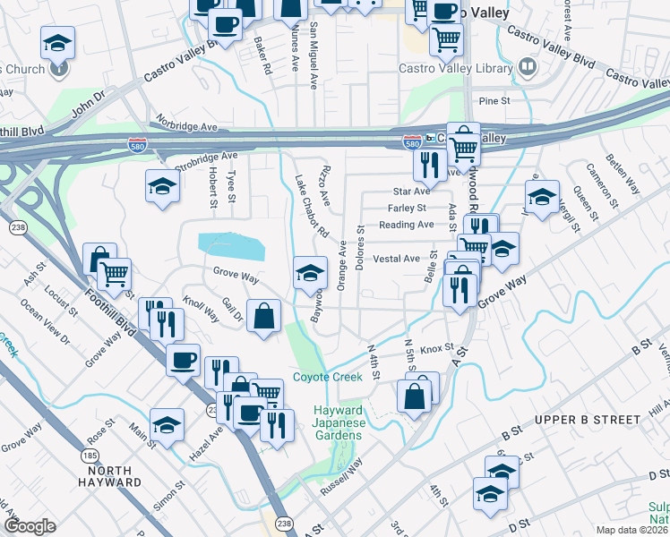 map of restaurants, bars, coffee shops, grocery stores, and more near 21748 Baywood Avenue in Castro Valley