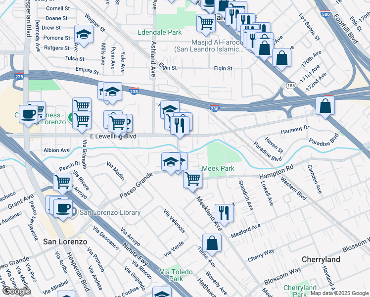 map of restaurants, bars, coffee shops, grocery stores, and more near 16860 Meekland Avenue in San Lorenzo