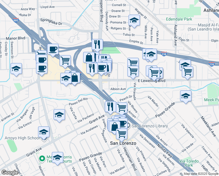 map of restaurants, bars, coffee shops, grocery stores, and more near 369 Albion Avenue in San Lorenzo