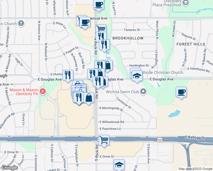 map of restaurants, bars, coffee shops, grocery stores, and more near 8017 East Douglas Avenue in Wichita